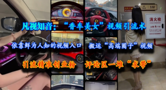凡视知音:“香车美女”视频引流术,依靠鲜为人知的视频入口,搬运“高端圈子”视频,引流精准创业粉,评论区一堆“求带”插图 凡视知音:“香车美女”视频引流术,依靠鲜为人知的视频入口,搬运“高端圈子”视频,引流精准创业粉,评论区一堆“求带”