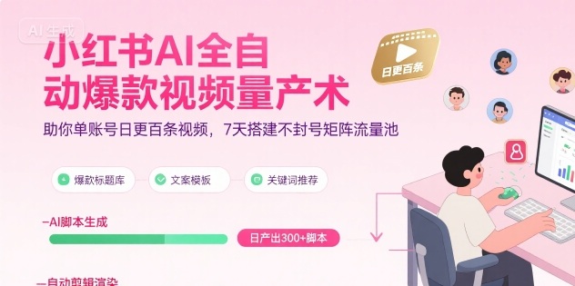 小红书AI全自动爆款视频量产术,助你单账号日更百条视频,7天搭建不封号矩阵流量池插图 小红书AI全自动爆款视频量产术,助你单账号日更百条视频,7天搭建不封号矩阵流量池
