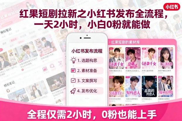 红果短剧拉新之小红书发布全流程,一天2小时,小白0粉就能做插图 红果短剧拉新之小红书发布全流程,一天2小时,小白0粉就能做