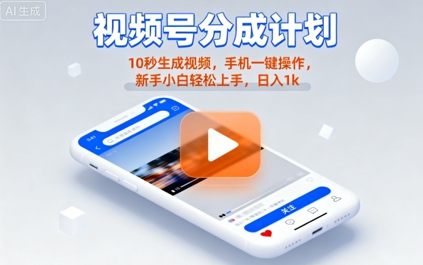 视频号分成计划懒人玩法，10秒生成视频，手机一键操作，新手小白轻松上手，日入1K【揭秘】