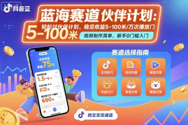 抖音蓝海赛道,轻松过伙伴计划,视频制作简单,万次播放收益在5-100米,稳定收益插图 抖音蓝海赛道,轻松过伙伴计划,视频制作简单,万次播放收益在5-100米,稳定收益
