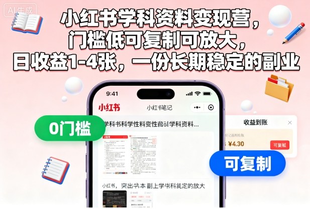 小红书学科资料变现营,门槛低可复制可放大,日收益1-4张,一份长期稳定的副业插图 小红书学科资料变现营,门槛低可复制可放大,日收益1-4张,一份长期稳定的副业