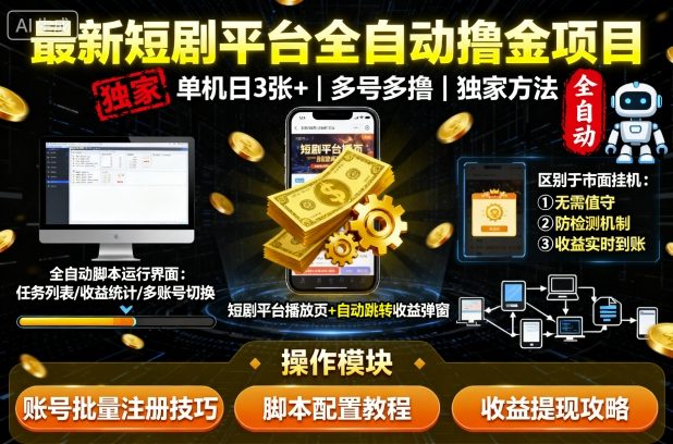 最新短剧平台全自动挂G撸金项目,单机一天3张+,多号多撸,区别于市面所有挂机项目,独家方法【揭秘】插图 最新短剧平台全自动挂G撸金项目,单机一天3张+,多号多撸,区别于市面所有挂机项目,独家方法【揭秘】