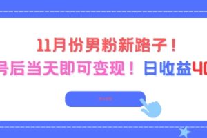 11月份男粉新路子，起号后当天即可变现，日收益4张