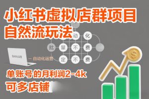 小红书虚拟店群项目，自然流玩法，批量自动化，稳定不费号，单账号的月利润2-4k，可多店矩阵