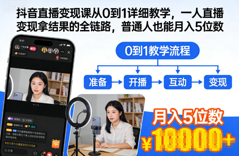 抖音直播变现课从0到1详细教学,一人直播变现拿结果的全链路,普通人也能月入5位数插图 抖音直播变现课从0到1详细教学,一人直播变现拿结果的全链路,普通人也能月入5位数