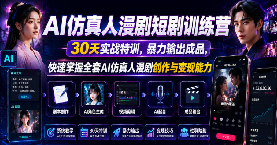 AI仿真人漫剧短剧训练营,30天实战特训,暴力输出成品,快速掌握全套AI仿真人漫剧创作与变现能力插图 AI仿真人漫剧短剧训练营,30天实战特训,暴力输出成品,快速掌握全套AI仿真人漫剧创作与变现能力