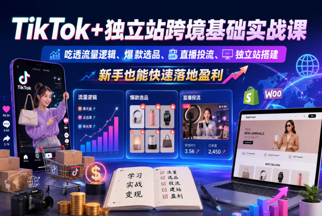 TikTok+独立站跨境基础实战课,吃透流量逻辑、爆款选品、直播投流与独立站搭建,新手也能快速落地盈利插图 TikTok+独立站跨境基础实战课,吃透流量逻辑、爆款选品、直播投流与独立站搭建,新手也能快速落地盈利