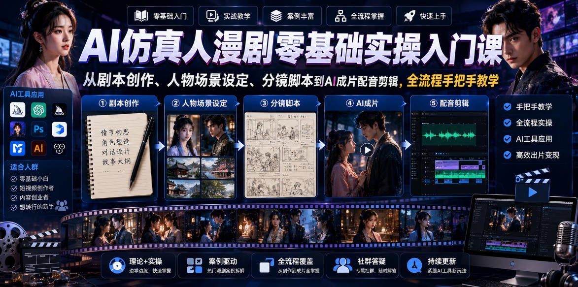 AI仿真人漫剧零基础实操入门课,从剧本创作、人物场景设定、分镜脚本到AI成片配音剪辑,全流程手把手教学插图 AI仿真人漫剧零基础实操入门课,从剧本创作、人物场景设定、分镜脚本到AI成片配音剪辑,全流程手把手教学