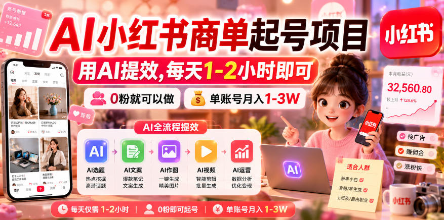 AI小红书商单起号项目,用AI提效,每天1-2小时即可,0粉就可以做,单账号月入1-3W插图 AI小红书商单起号项目,用AI提效,每天1-2小时即可,0粉就可以做,单账号月入1-3W