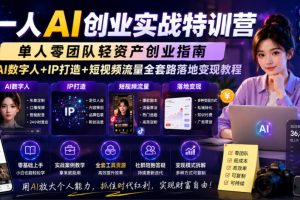 一人AI创业实战特训营，单人零团队轻资产创业指南，AI数字人+IP打造+短视频流量全套路落地变现教程