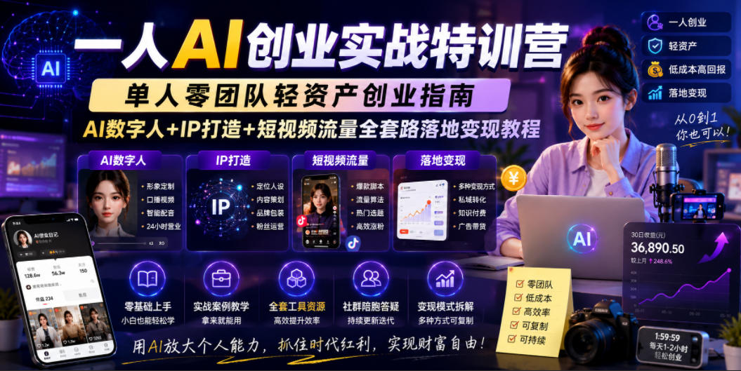 一人AI创业实战特训营,单人零团队轻资产创业指南,AI数字人+IP打造+短视频流量全套路落地变现教程插图 一人AI创业实战特训营,单人零团队轻资产创业指南,AI数字人+IP打造+短视频流量全套路落地变现教程