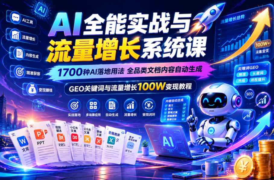 AI全能实战与流量增长系统课,1700种AI落地用法,全品类文档内容自动生成,GEO关键词与流量增长100W变现教程插图 AI全能实战与流量增长系统课,1700种AI落地用法,全品类文档内容自动生成,GEO关键词与流量增长100W变现教程