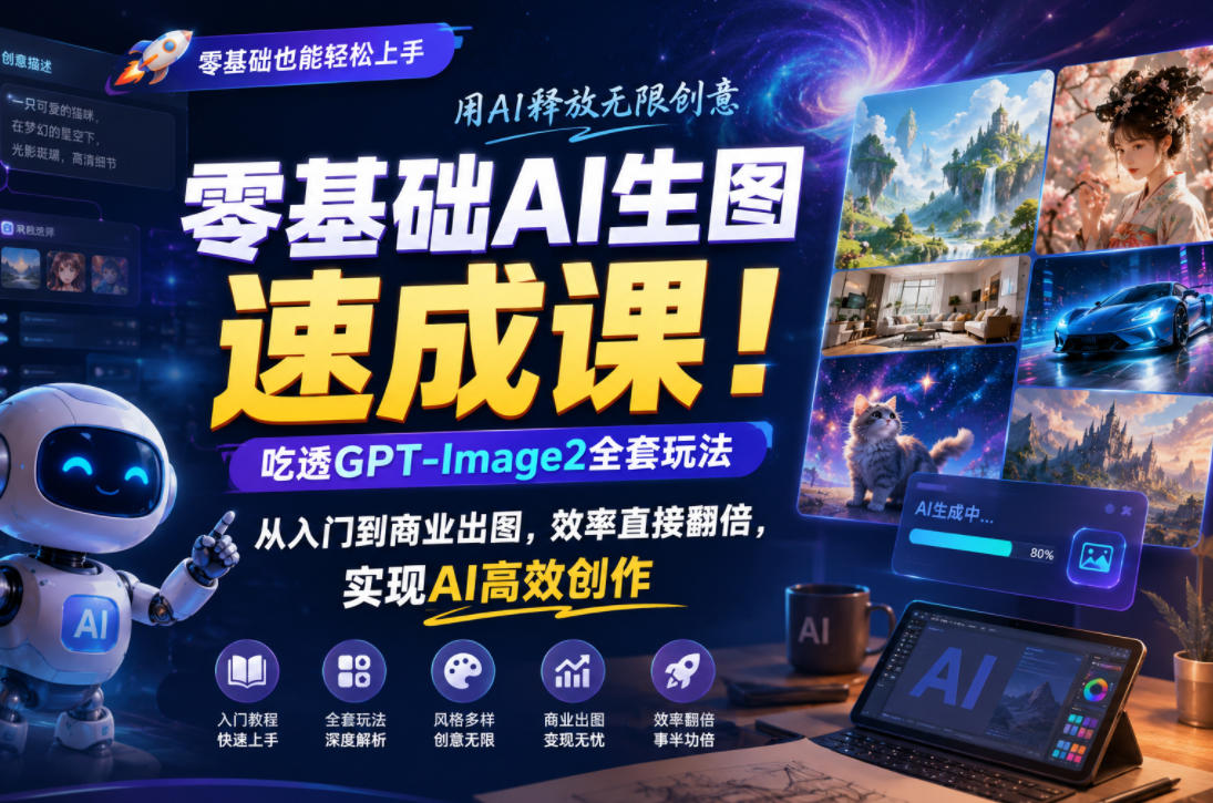 零基础AI生图速成课!吃透GPT-Image2全套玩法,从入门到商业出图,效率直接翻倍,实现AI高效创作插图 零基础AI生图速成课!吃透GPT-Image2全套玩法,从入门到商业出图,效率直接翻倍,实现AI高效创作