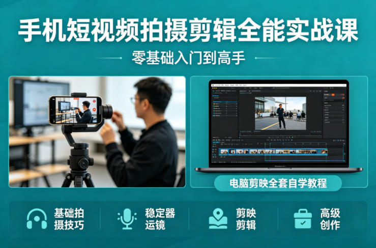 手机短视频拍摄剪辑全能实战课:零基础入门到高手,稳定器运镜+电脑剪映全套自学教程插图 手机短视频拍摄剪辑全能实战课:零基础入门到高手,稳定器运镜+电脑剪映全套自学教程
