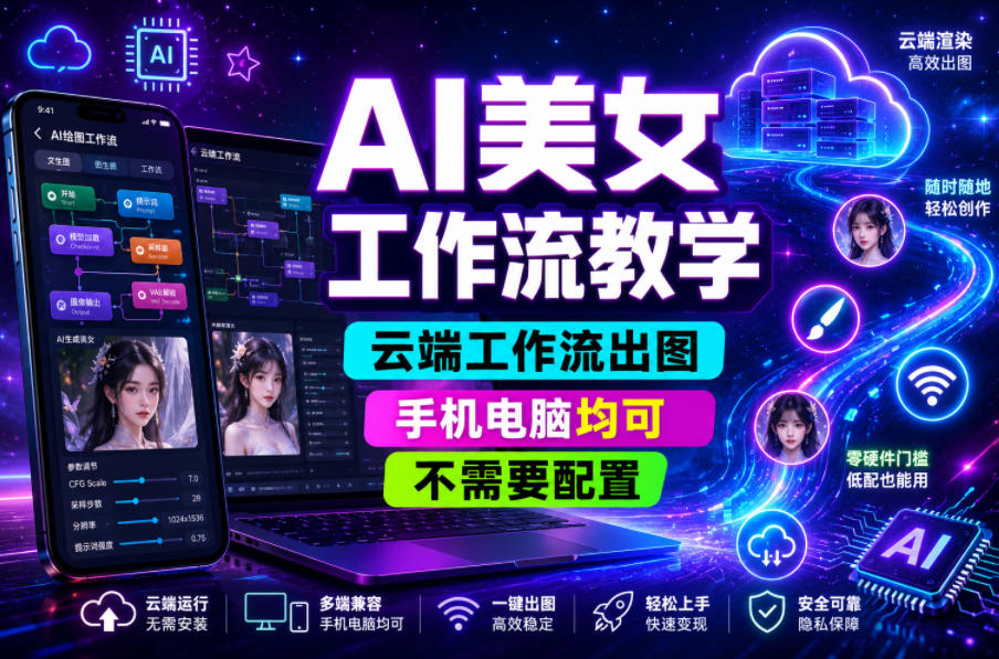 AI美女工作流教学,云端工作流出图,手机电脑均可,不需要配置,快速起号涨粉插图 AI美女工作流教学,云端工作流出图,手机电脑均可,不需要配置,快速起号涨粉