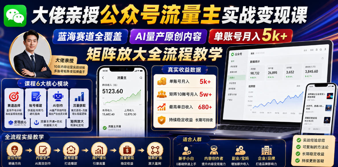 大佬亲授公众号流量主实战变现课,蓝海赛道全覆盖,AI量产原创内容,单账号月入5k+矩阵放大全流程教学插图 大佬亲授公众号流量主实战变现课,蓝海赛道全覆盖,AI量产原创内容,单账号月入5k+矩阵放大全流程教学