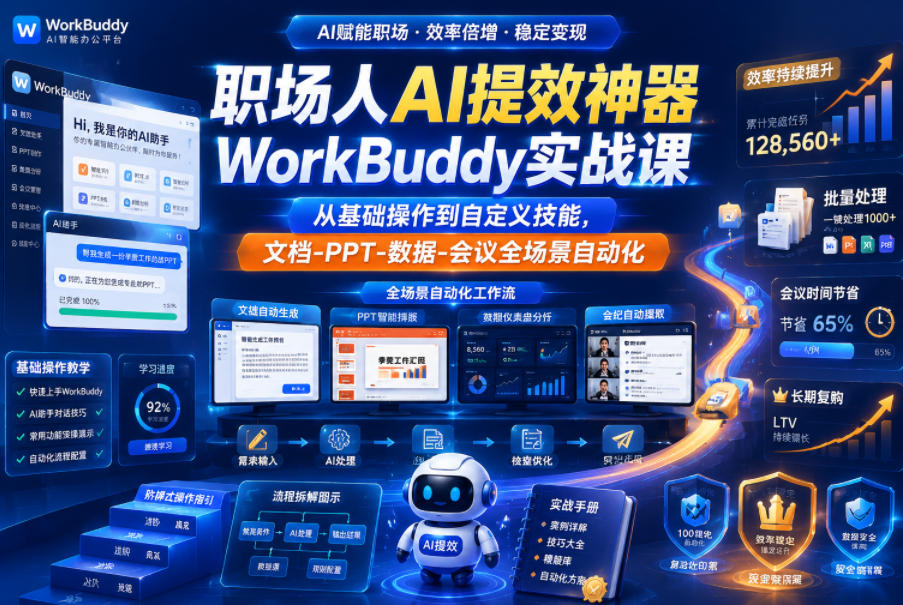 职场人AI提效神器WorkBuddy实战课,从基础操作到自定义技能,文档-PPT-数据-会议全场景自动化插图 职场人AI提效神器WorkBuddy实战课,从基础操作到自定义技能,文档-PPT-数据-会议全场景自动化
