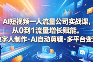 AI短视频一人流量公司实战课，从0到1流量增长赋能，数字人制作AI自动剪辑多平台变现，一人做流量生意全落地教程