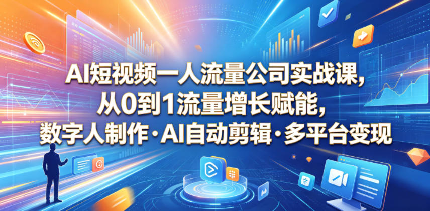 AI短视频一人流量公司实战课,从0到1流量增长赋能,数字人制作AI自动剪辑多平台变现,一人做流量生意全落地教程插图 AI短视频一人流量公司实战课,从0到1流量增长赋能,数字人制作AI自动剪辑多平台变现,一人做流量生意全落地教程