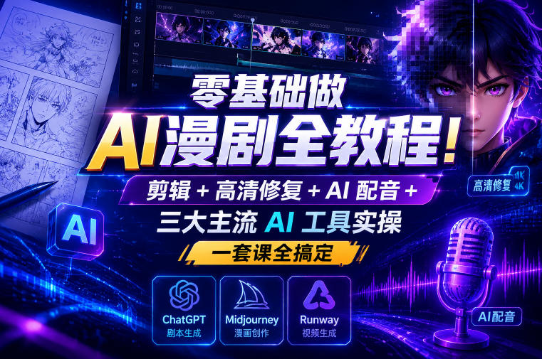 零基础做AI漫剧全教程!剪辑+高清修复+AI配音+三大主流AI工具实操,一套课全搞定插图 零基础做AI漫剧全教程!剪辑+高清修复+AI配音+三大主流AI工具实操,一套课全搞定
