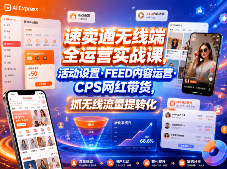 速卖通无线端全运营实战课,活动设置FEED内容运营CPS网红带货,抓无线流量提转化插图 速卖通无线端全运营实战课,活动设置FEED内容运营CPS网红带货,抓无线流量提转化