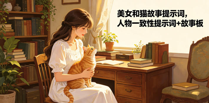 美女和猫故事提示词,人物一致性提示词+故事板插图 美女和猫故事提示词,人物一致性提示词+故事板