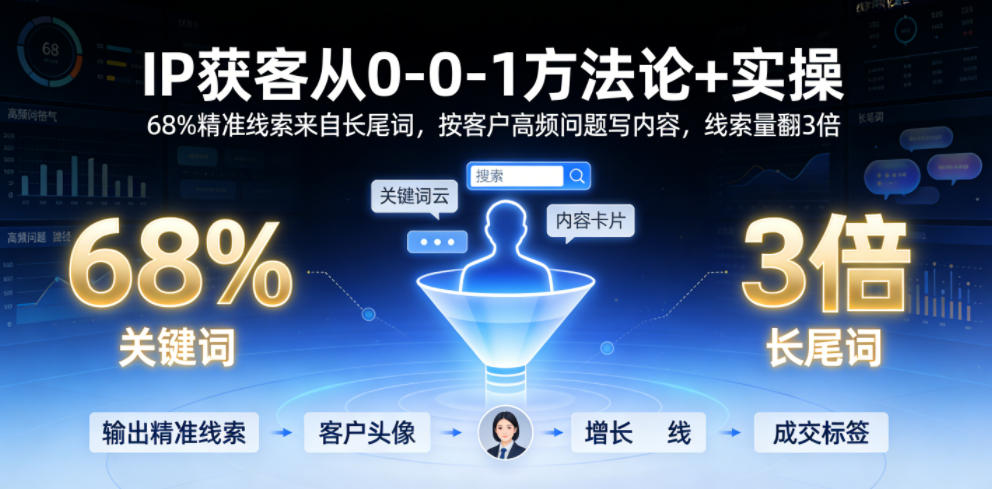 IP获客从0-1方法论+实操,68%精准线索来自长尾词,按客户高频问题写内容,线索量翻3倍插图 IP获客从0-1方法论+实操,68%精准线索来自长尾词,按客户高频问题写内容,线索量翻3倍