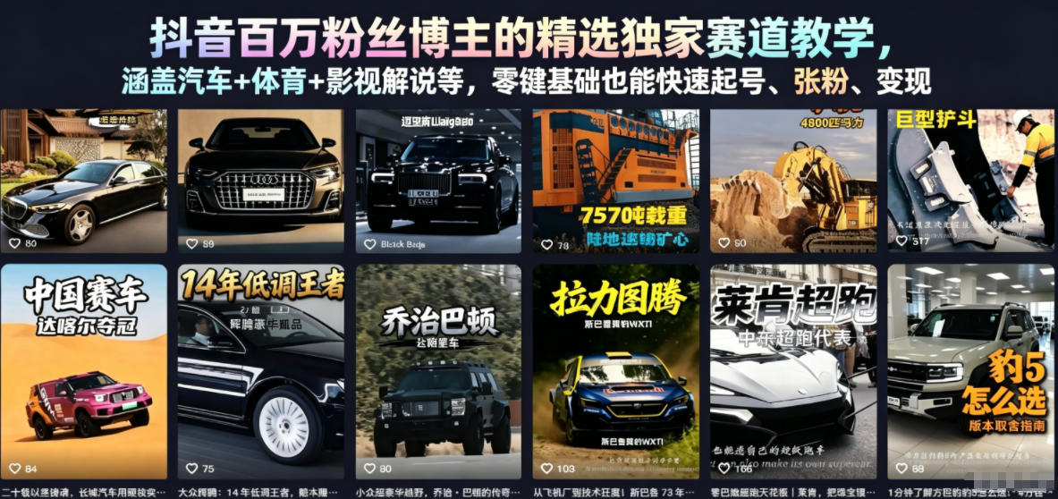 抖音百万粉丝博主的精选独家赛道教学,涵盖汽车+体育+影视解说等,零基础也能快速起号、涨粉、变现插图 抖音百万粉丝博主的精选独家赛道教学,涵盖汽车+体育+影视解说等,零基础也能快速起号、涨粉、变现