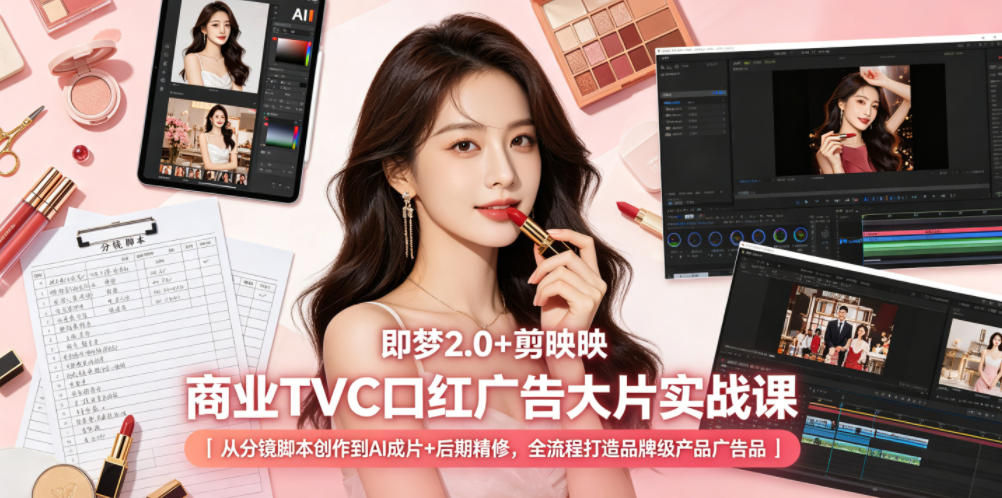 即梦2.0+剪映商业TVC口红广告大片实战课|从分镜脚本创作到AI成片+后期精修,全流程打造品牌级产品广告插图 即梦2.0+剪映商业TVC口红广告大片实战课|从分镜脚本创作到AI成片+后期精修,全流程打造品牌级产品广告