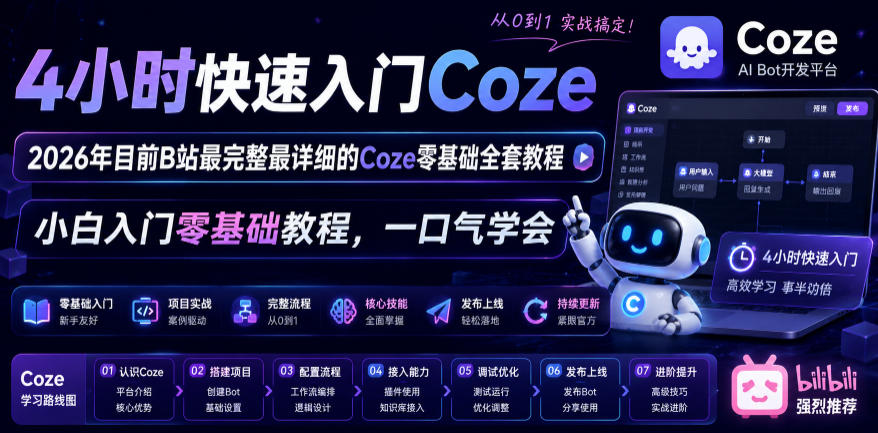 4小时快速入门Coze!2026年目前B站最完整最详细的Coze零基础全套教程,小白入门零基础教程,一口气学会!插图 4小时快速入门Coze!2026年目前B站最完整最详细的Coze零基础全套教程,小白入门零基础教程,一口气学会!