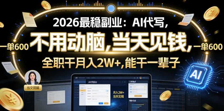 2026最稳副业:AI代写,不用动脑,当天见钱,一单600,全职干月入2W+,能干一辈子【揭秘】插图 2026最稳副业:AI代写,不用动脑,当天见钱,一单600,全职干月入2W+,能干一辈子【揭秘】