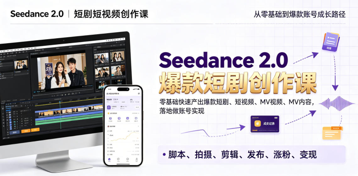 Seedance 2.0短剧短视频创作课,零基础快速产出爆款短剧、短视频、MV内容,落地做账号实现变现插图 Seedance 2.0短剧短视频创作课,零基础快速产出爆款短剧、短视频、MV内容,落地做账号实现变现