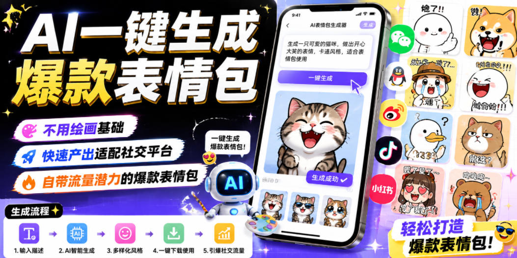 AI一键生成爆款表情包,不用绘画基础,快速产出适配社交平台,自带流量潜力的爆款表情包插图 AI一键生成爆款表情包,不用绘画基础,快速产出适配社交平台,自带流量潜力的爆款表情包